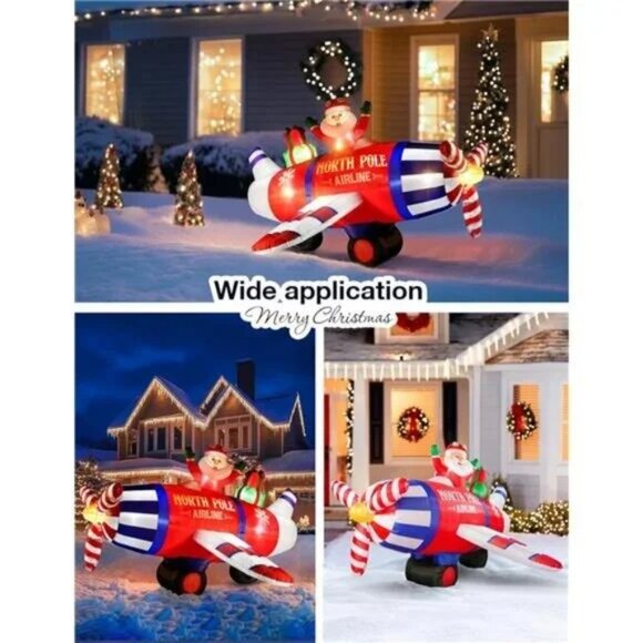 8FT Airplane Christmas Inflatable Outdoor Decor with LED Lights Santa Claus - Picture 7 of 8